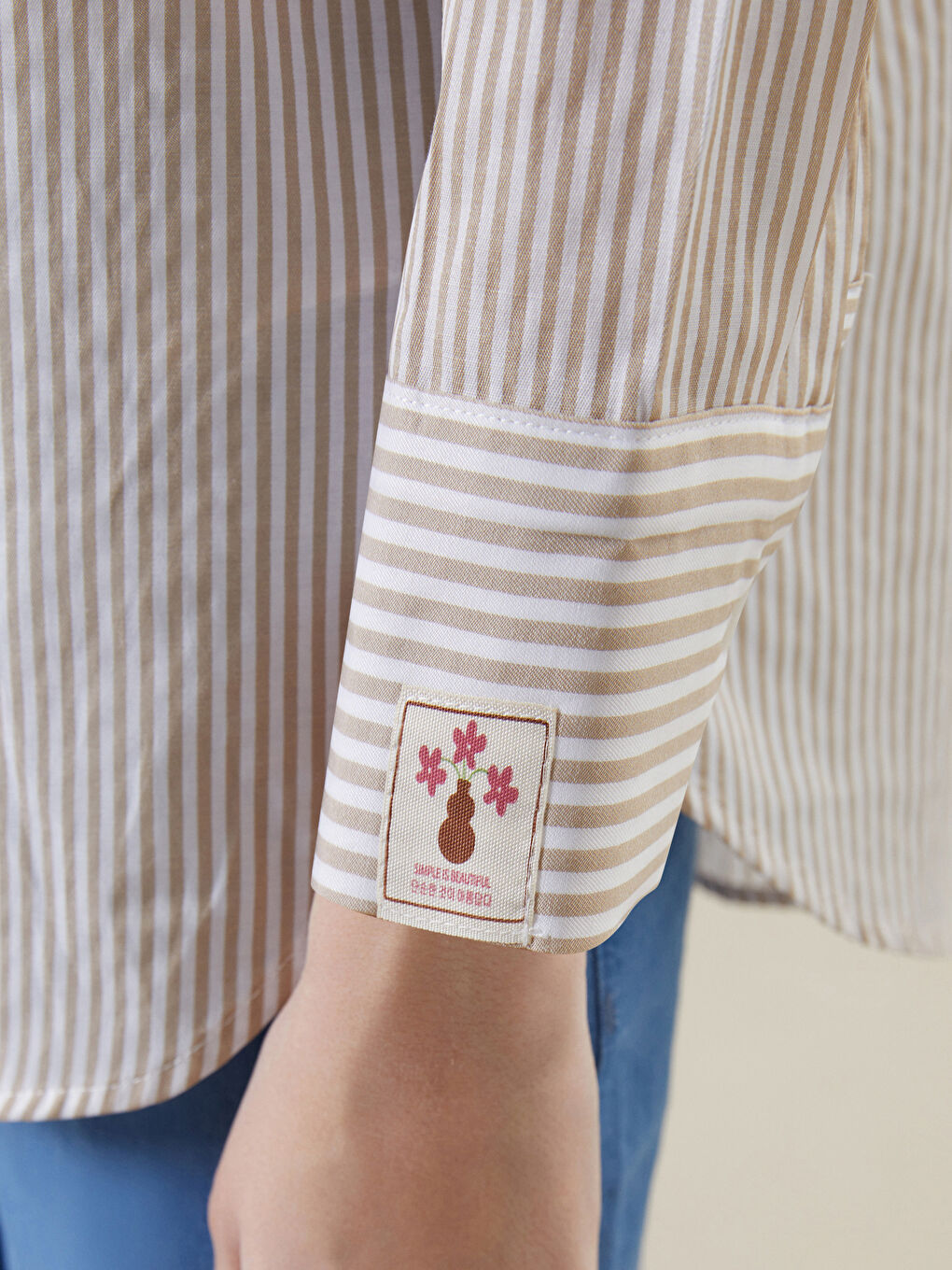 Bej Çizgili Poplin Kadın Gömlek Tunik-2