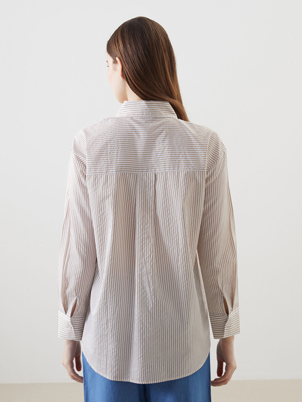 Bej Çizgili Poplin Kadın Gömlek Tunik-3