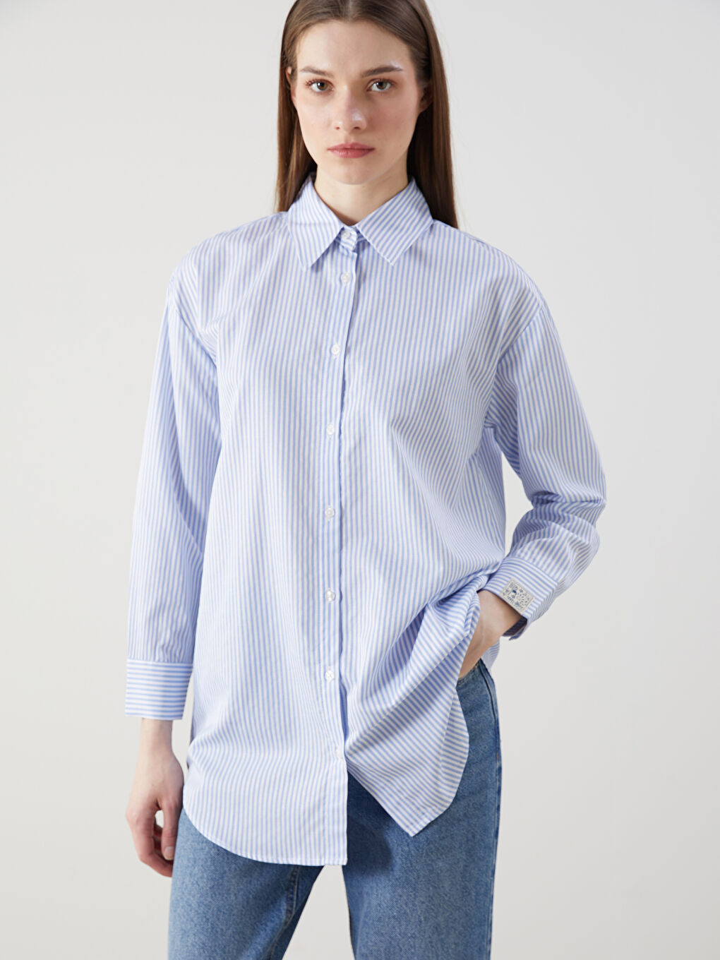 Mavi Çizgili Poplin Kadın Gömlek Tunik