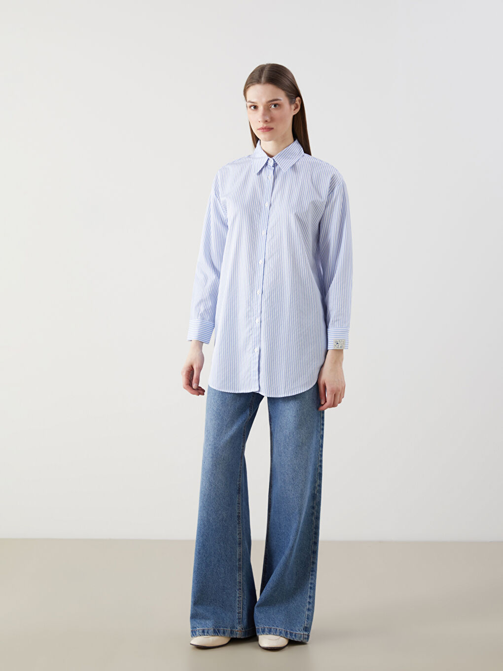 Mavi Çizgili Poplin Kadın Gömlek Tunik-1