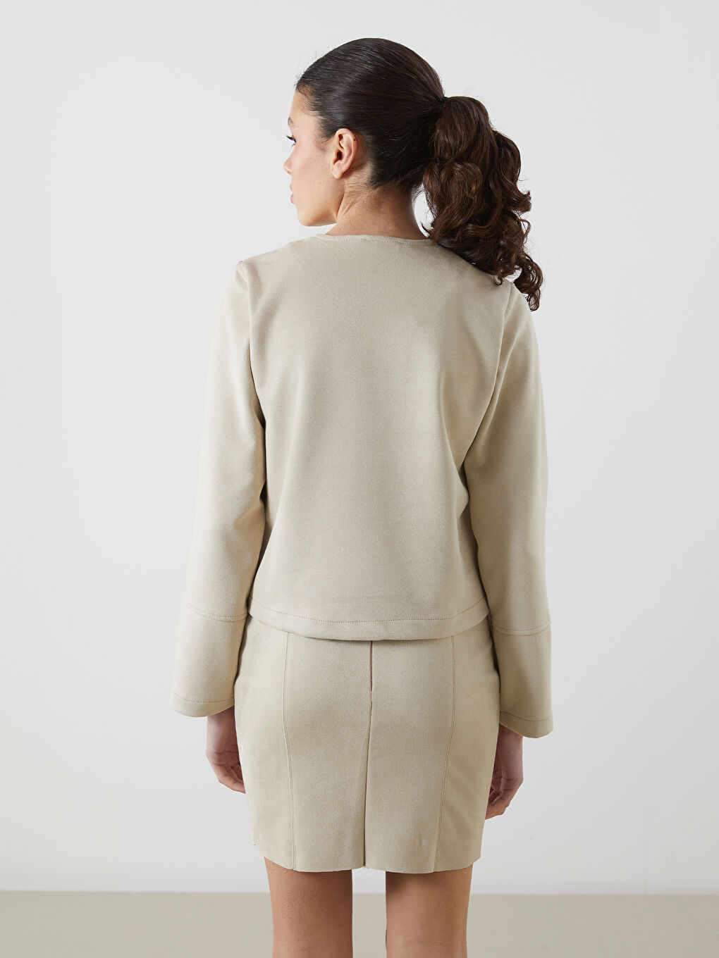 Bej Bisiklet Yaka Kadın Ceket-7