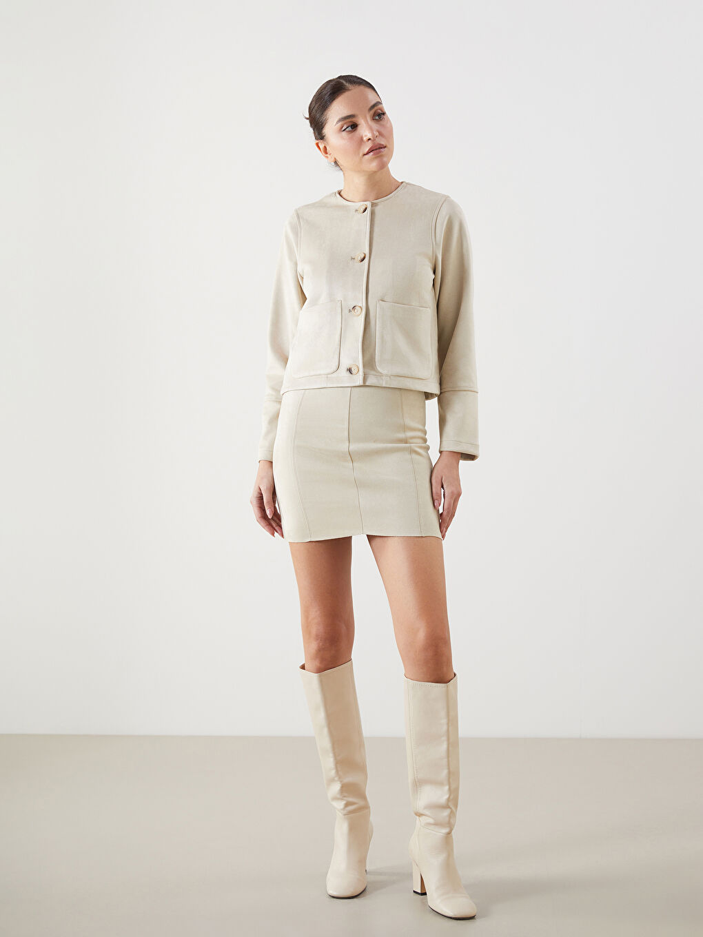 Bej Bisiklet Yaka Kadın Ceket-2