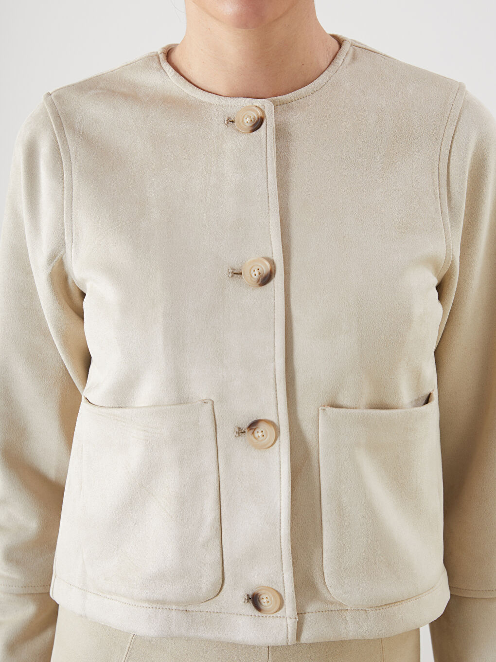 Bej Bisiklet Yaka Kadın Ceket-4