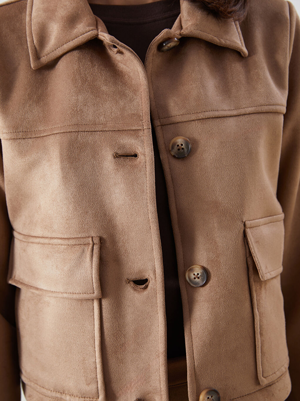 Bej Gömlek Yaka Kadın Süet Görünümlü Ceket-4