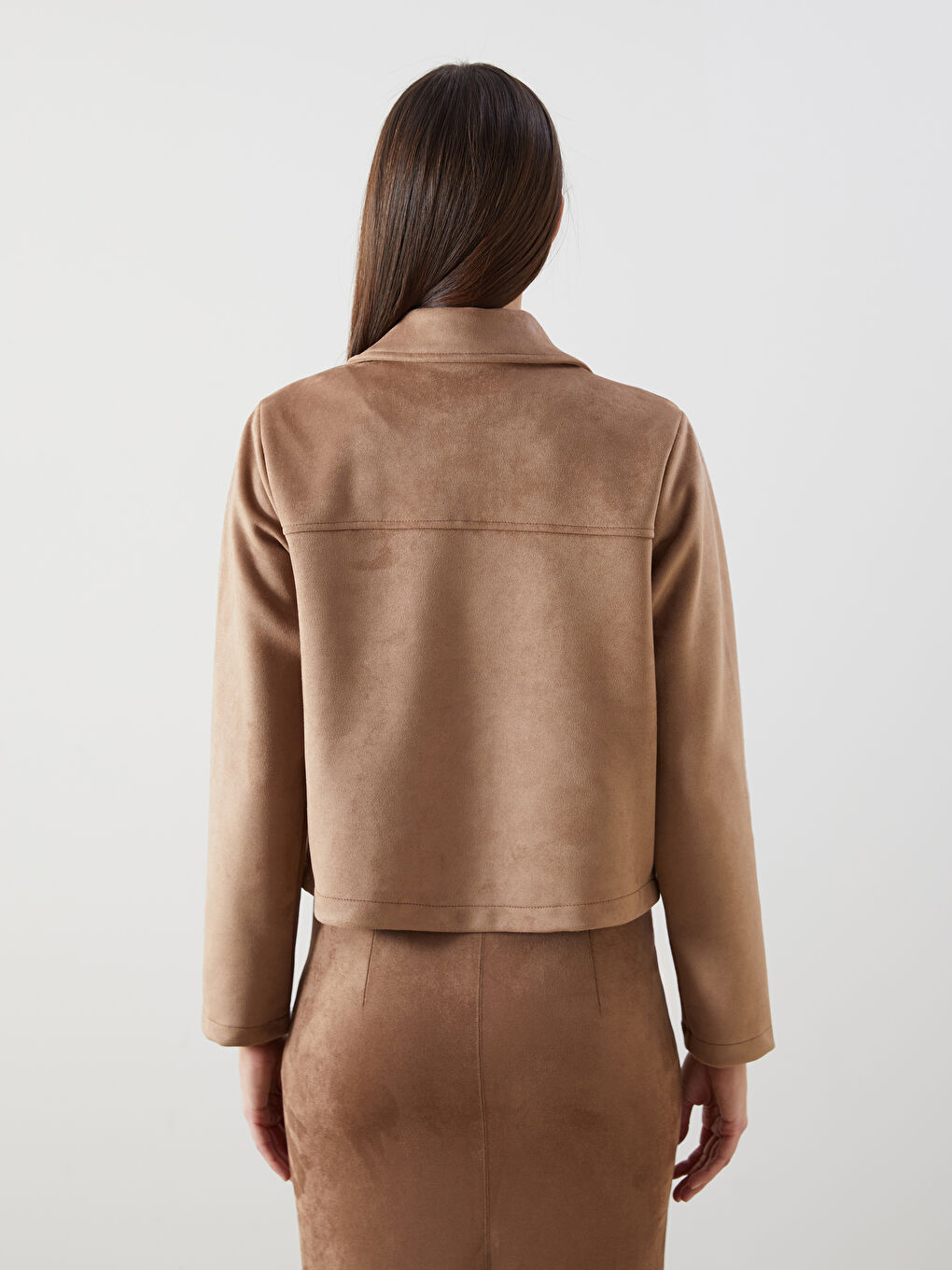 Bej Gömlek Yaka Kadın Süet Görünümlü Ceket-6