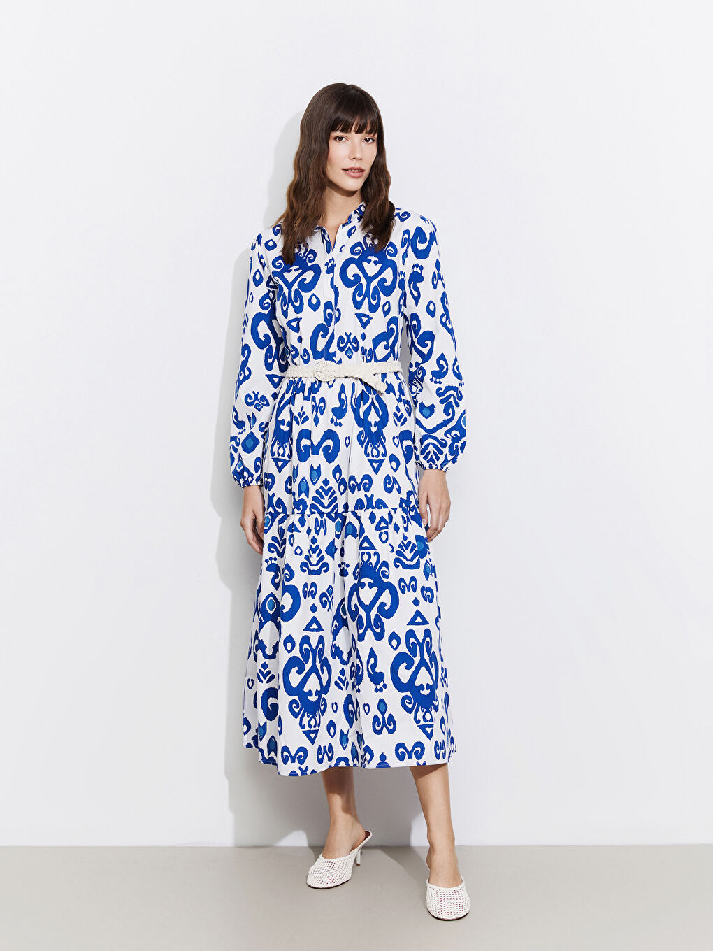 Collared Neck Patterned Poplin Dress