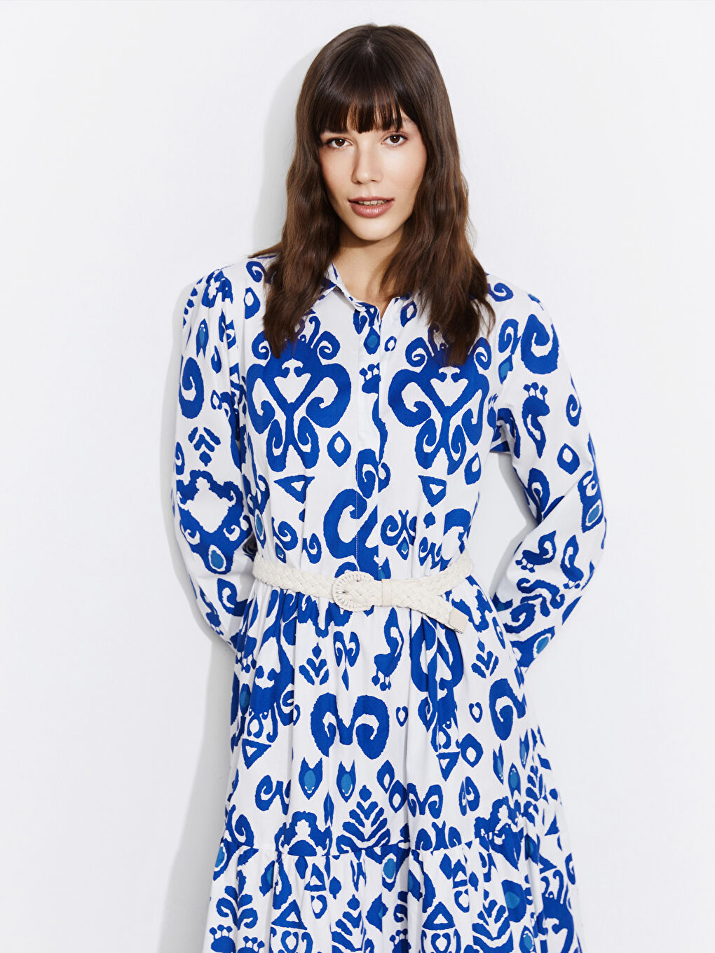 Collared Neck Patterned Poplin Dress-1