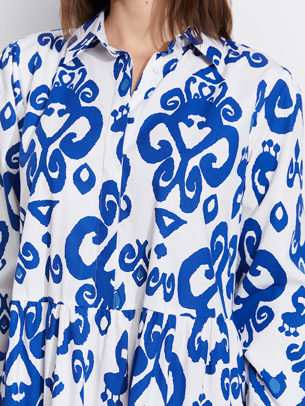 Collared Neck Patterned Poplin Dress-2