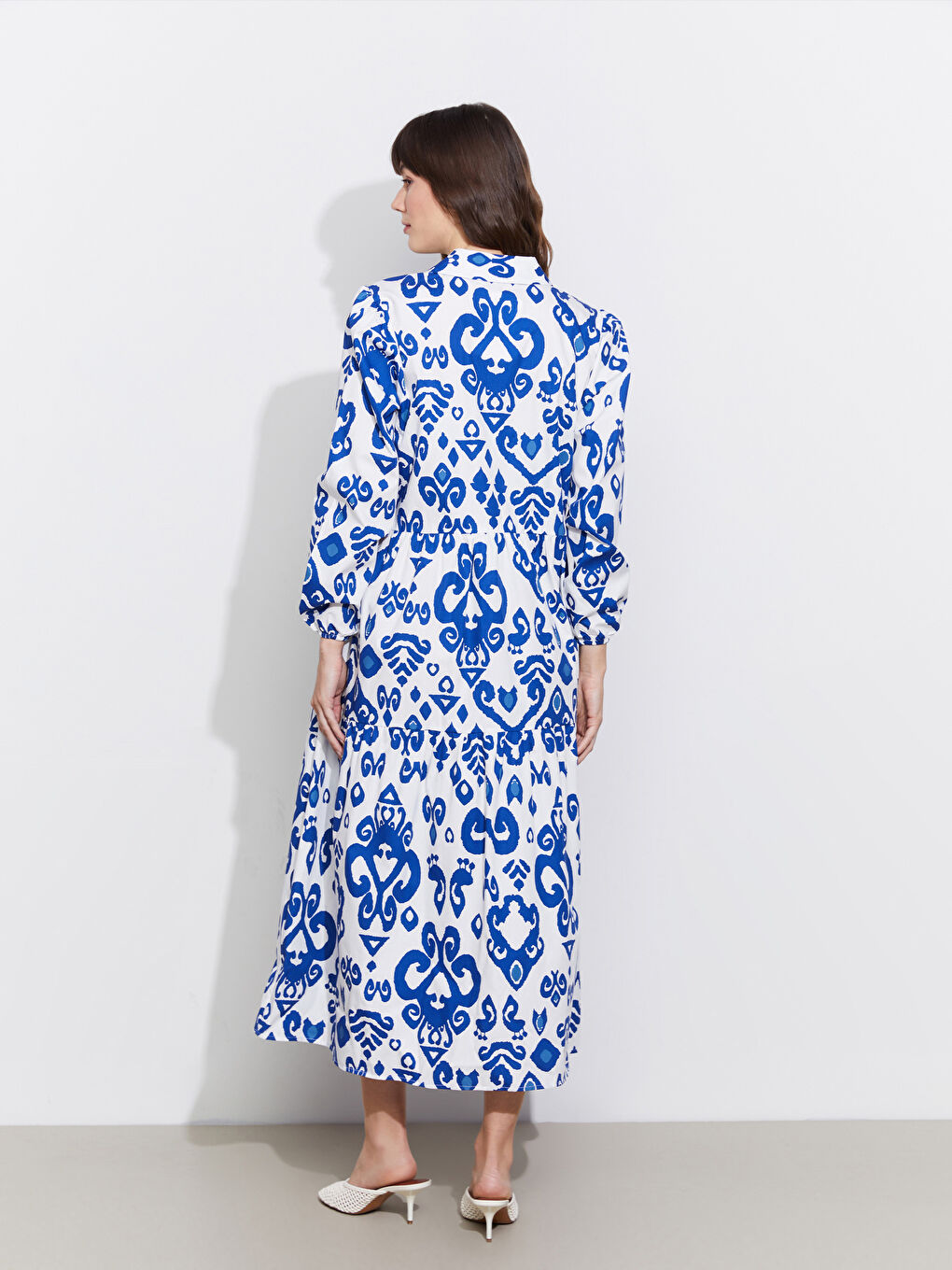 Collared Neck Patterned Poplin Dress-3