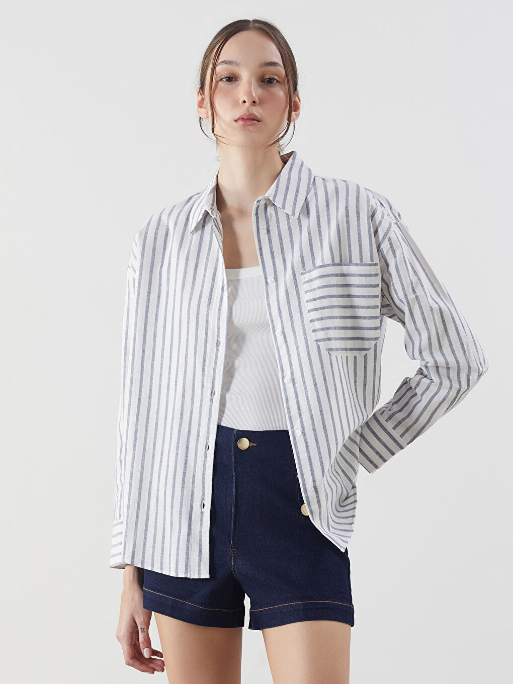 LCW Vision Striped Linen Blend Oversize Women's Shirt -S5KK14Z8-LGB