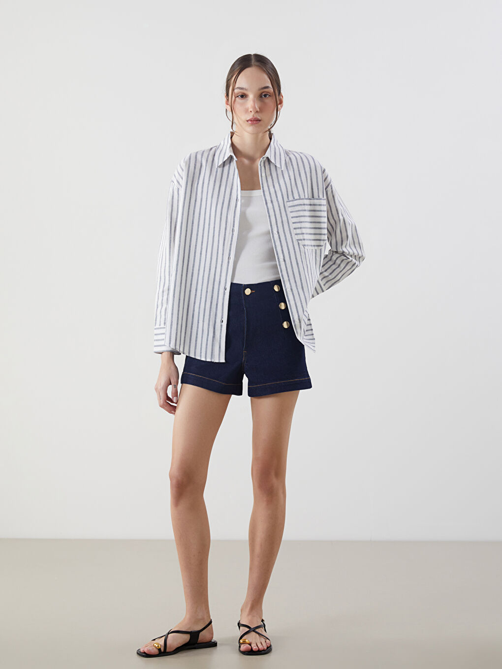 LCW Vision Striped Linen Blend Oversize Women's Shirt -S5KK14Z8-LGB