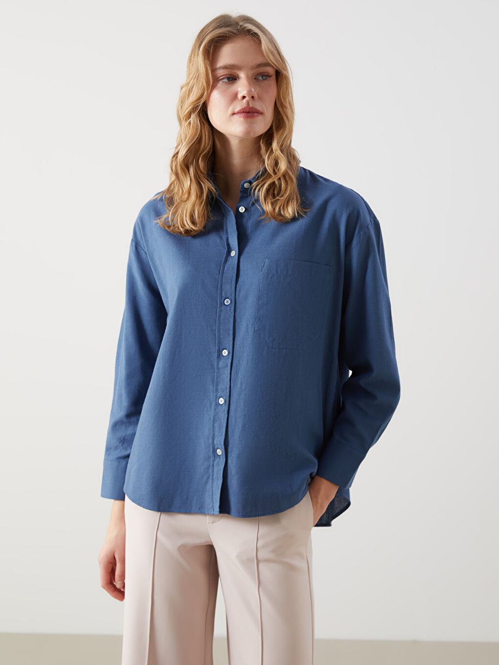 LCW Vision Indigo Oversize Keten Karışımlı Kadın Gömlek