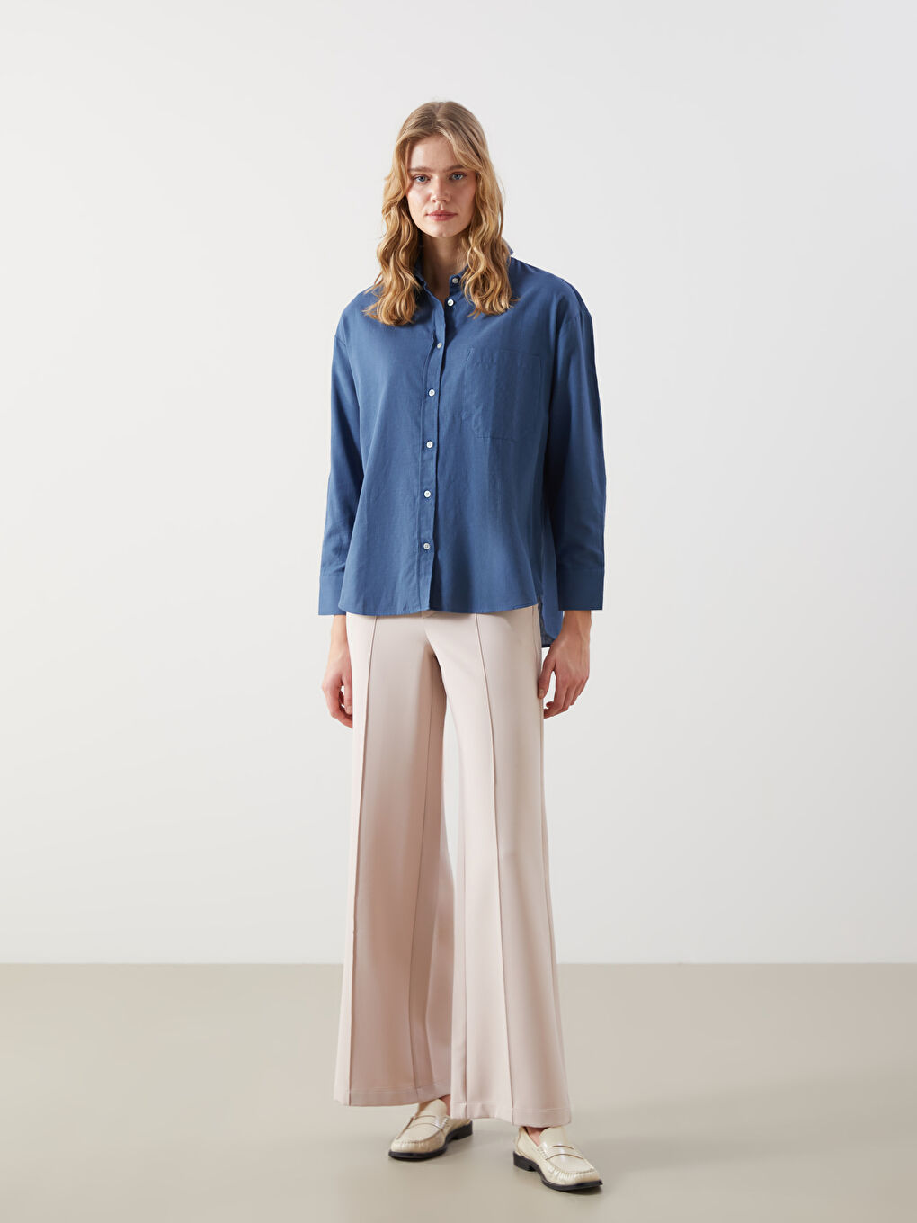 LCW Vision Indigo Oversize Keten Karışımlı Kadın Gömlek - 1