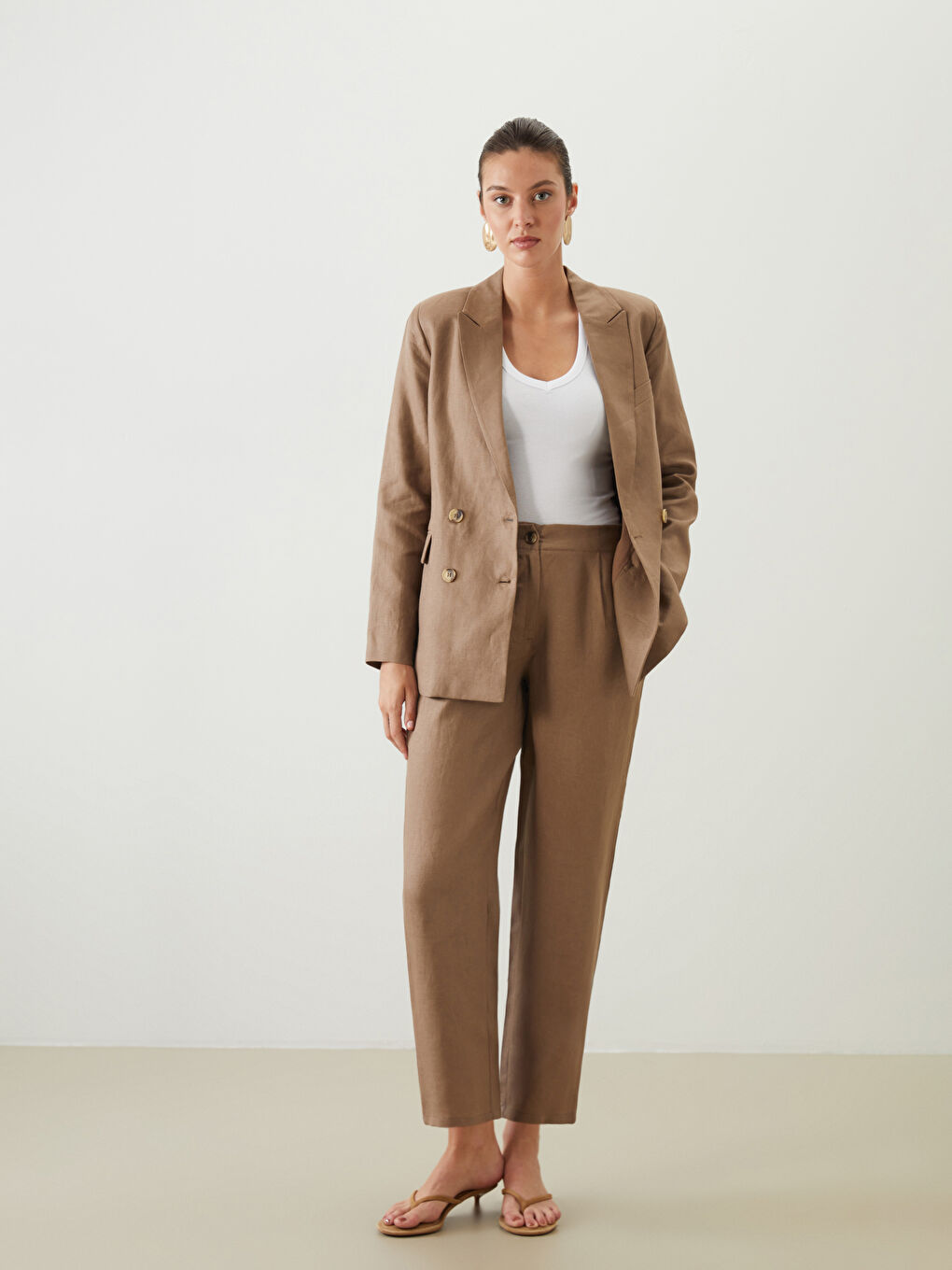 Kahverengi Beli Lastikli %100 Keten Kadın Pantolon-1