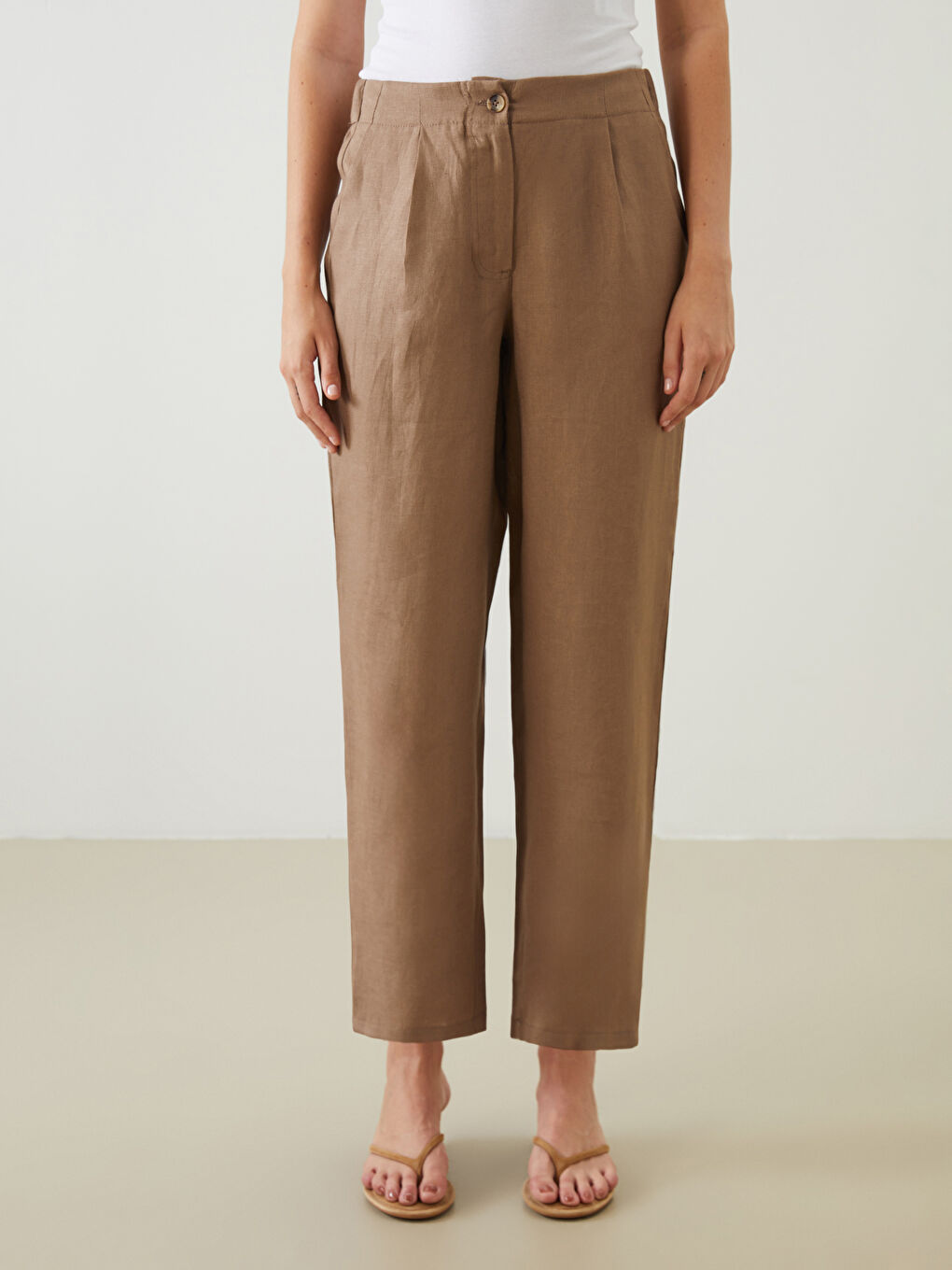 Kahverengi Beli Lastikli %100 Keten Kadın Pantolon-3