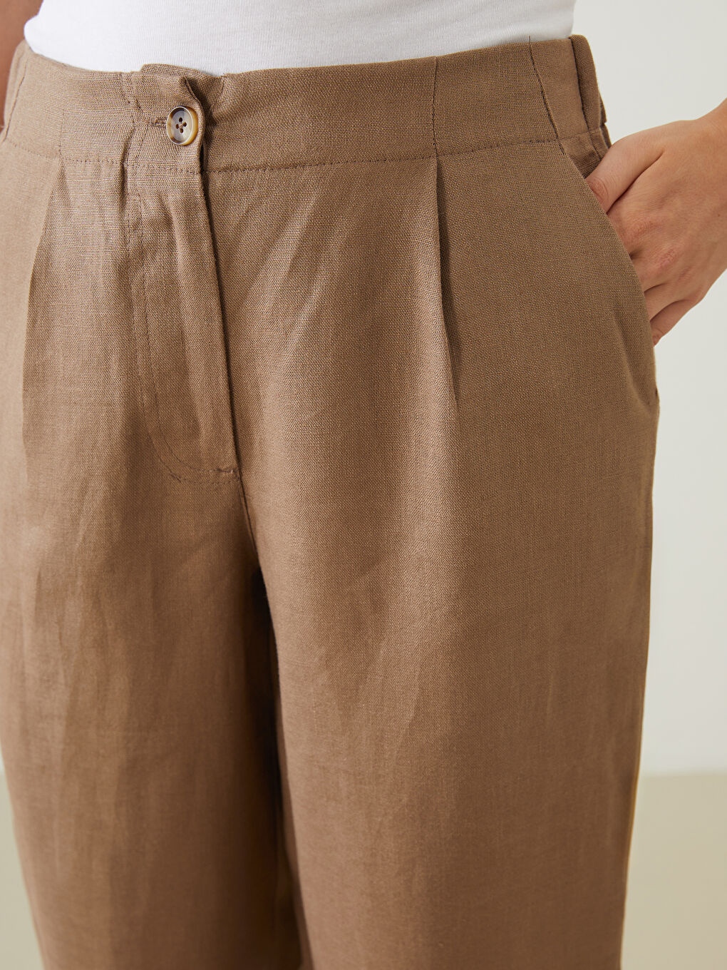 Kahverengi Beli Lastikli %100 Keten Kadın Pantolon-5