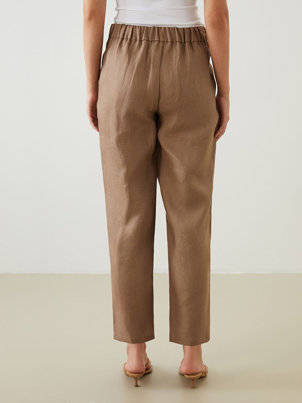 Kahverengi Beli Lastikli %100 Keten Kadın Pantolon-7