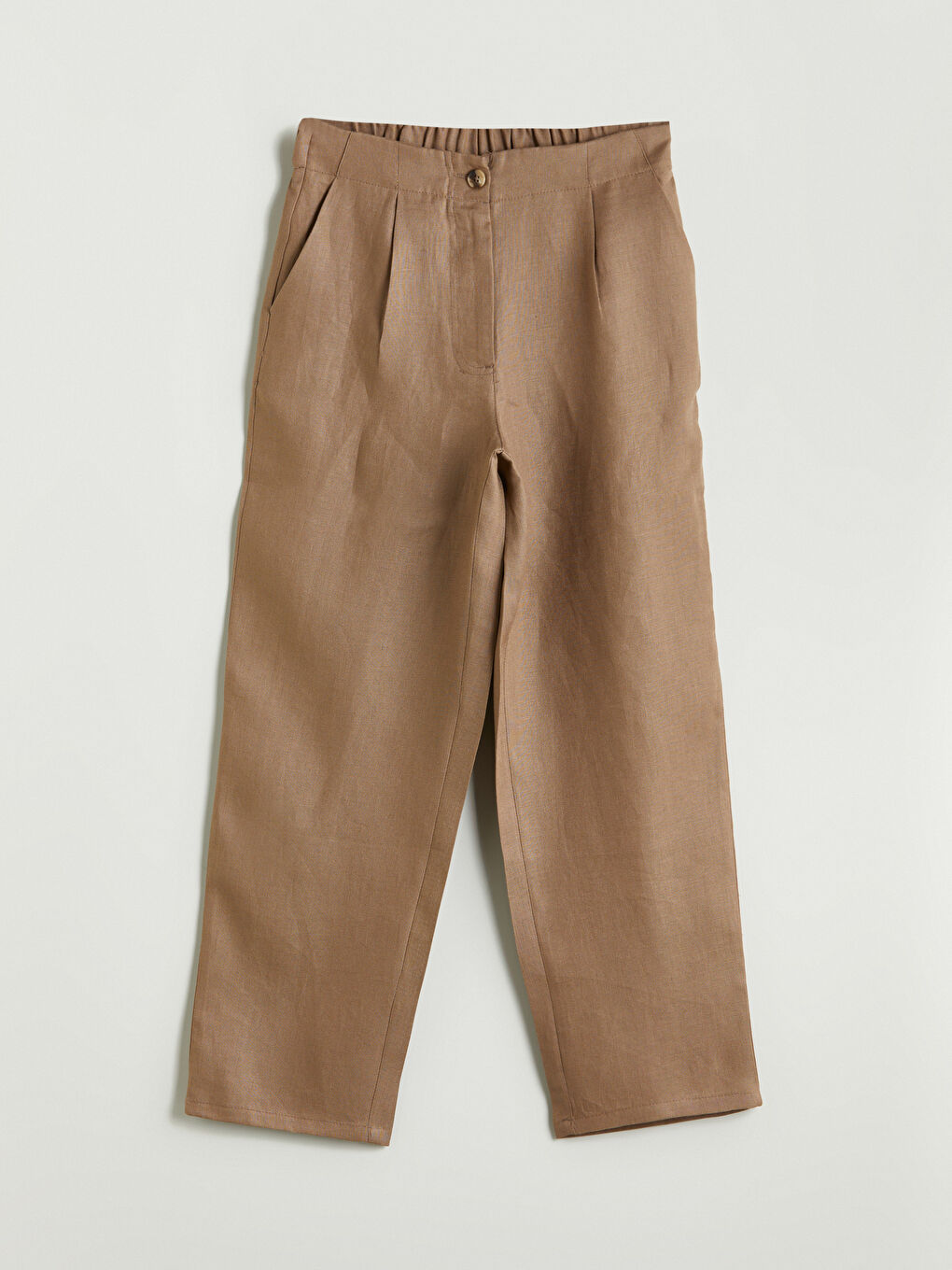 Kahverengi Beli Lastikli %100 Keten Kadın Pantolon-8