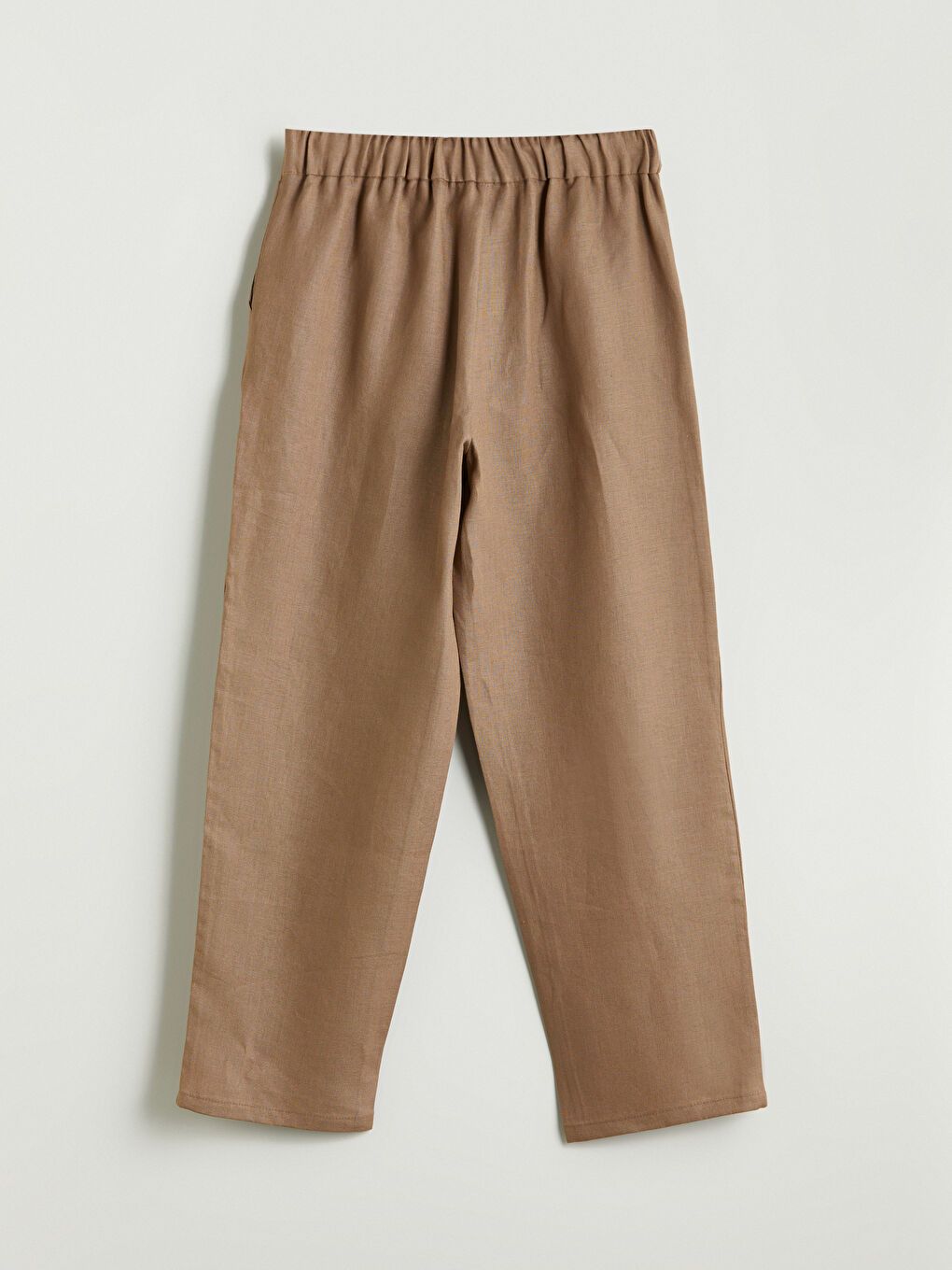 Kahverengi Beli Lastikli %100 Keten Kadın Pantolon-9