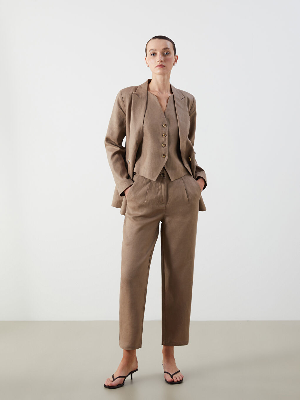 Kahverengi Beli Lastikli %100 Keten Kadın Pantolon