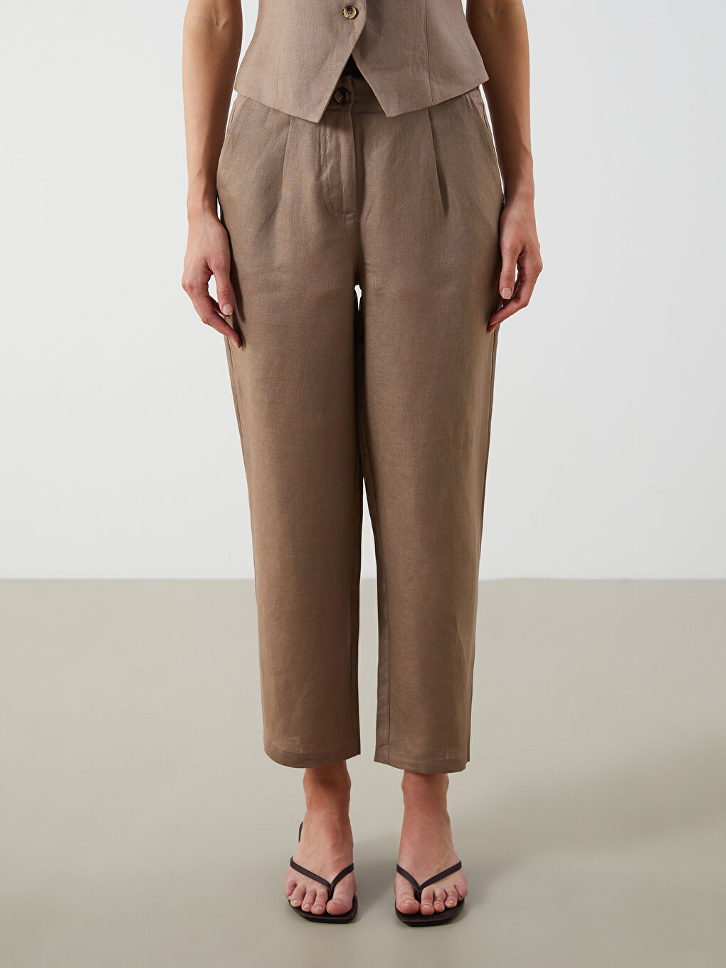 Kahverengi Beli Lastikli %100 Keten Kadın Pantolon-2