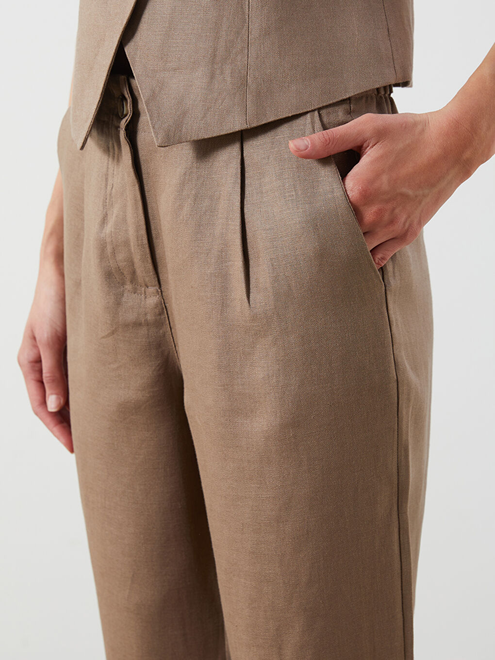 Kahverengi Beli Lastikli %100 Keten Kadın Pantolon-4