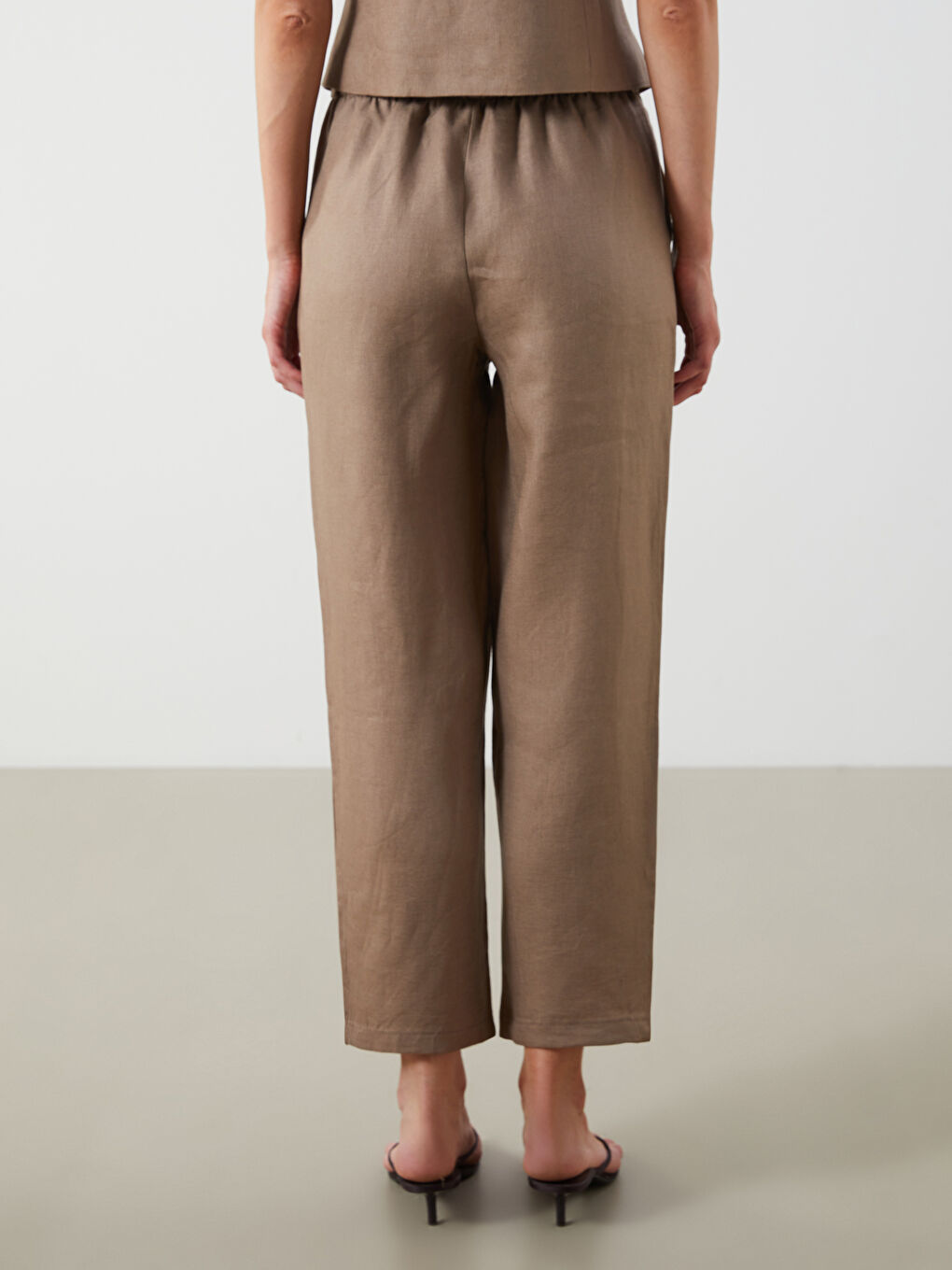 Kahverengi Beli Lastikli %100 Keten Kadın Pantolon-6