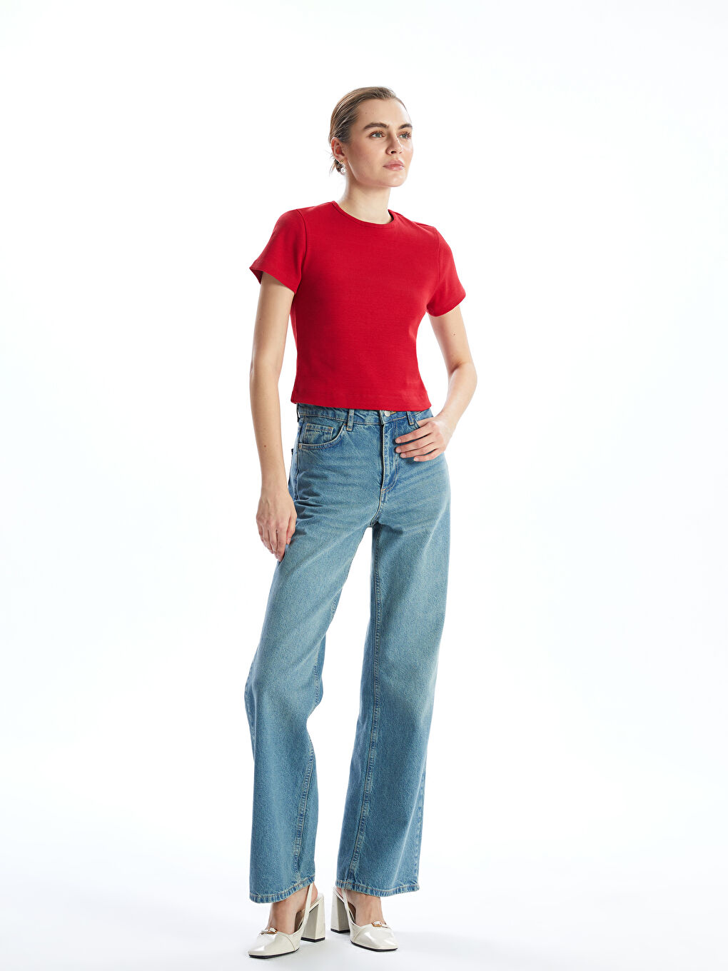 Kırmızı Bisiklet Yaka Kadın Tişört-1