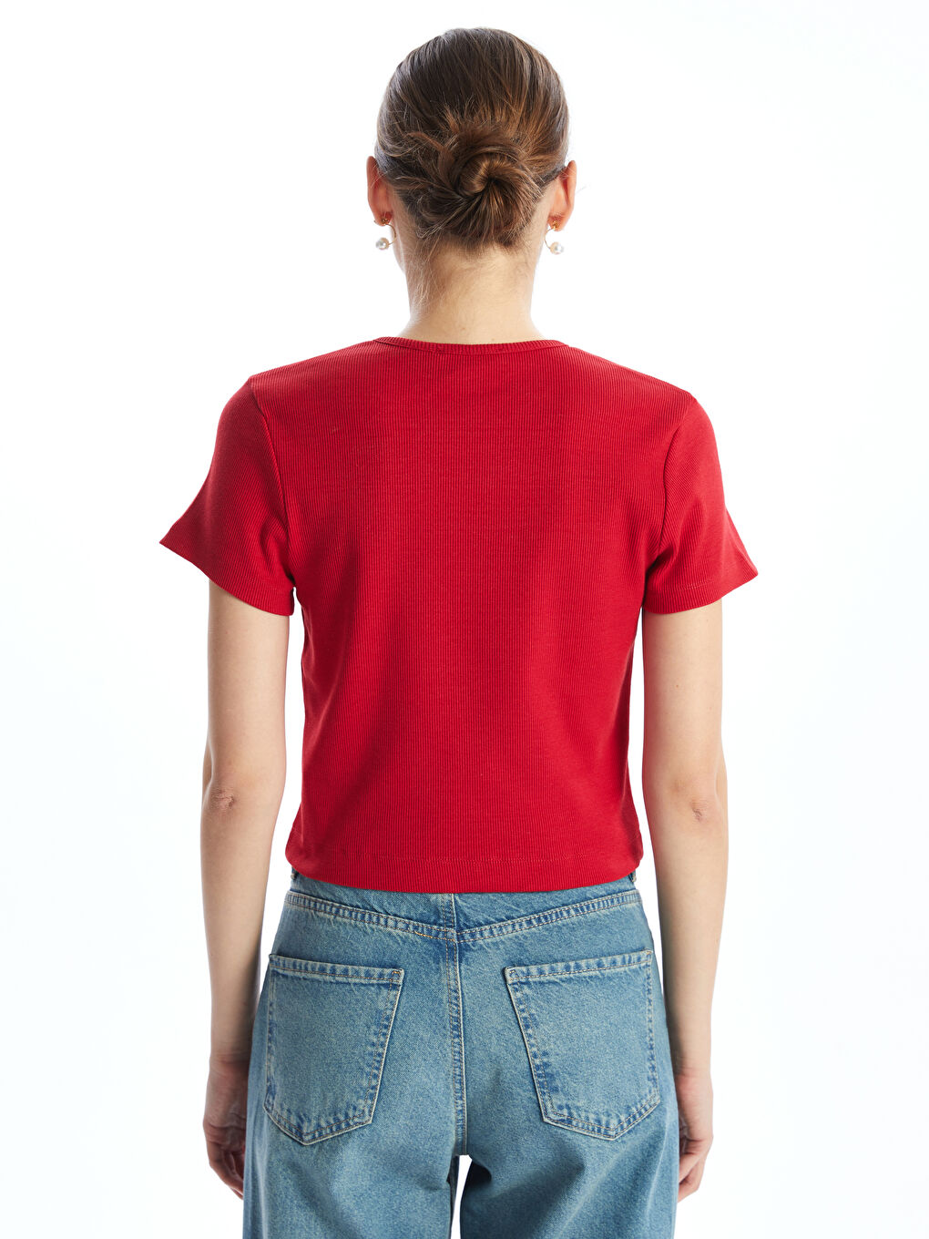 Kırmızı Bisiklet Yaka Kadın Tişört-3