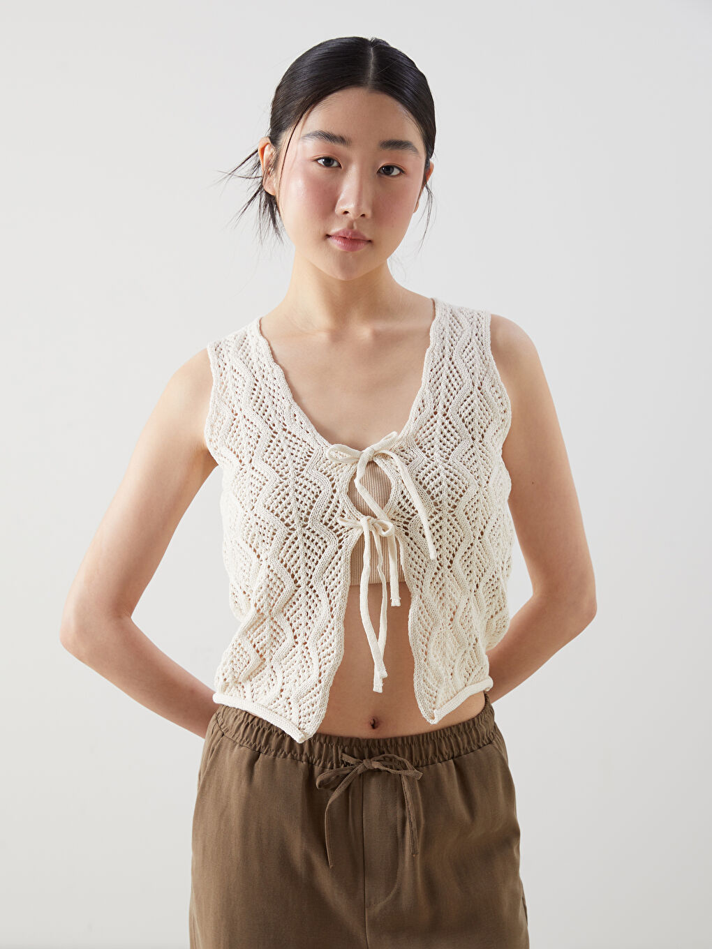V Neck Ajour Women's Tricot Vest -S5KL44Z8-R9J
