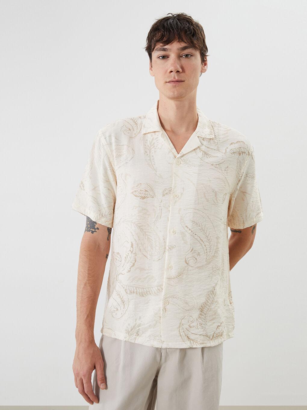 XSIDE Comfortable Fit Resort Collar Short Sleeve Patterned Men's Shirt -S5KL93Z8-LUG