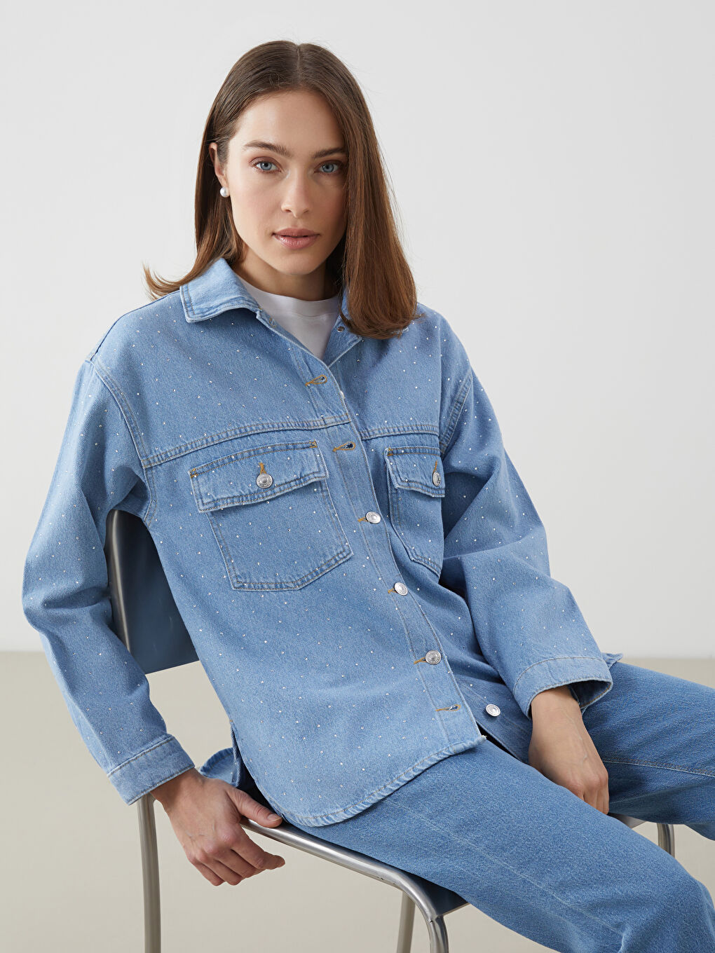 LCW Comfort Indigo Taşlı Kadın Jean Gömlek