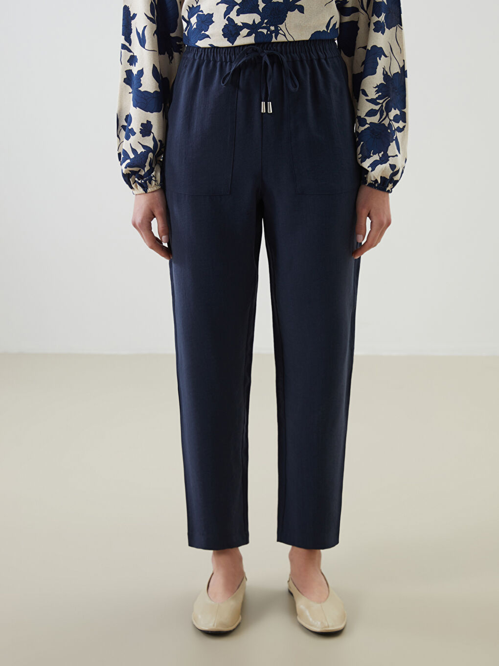 Lacivert Beli Lastikli Kadın Pantolon-1