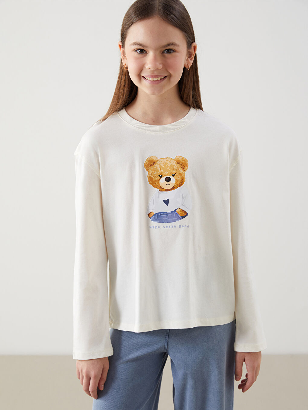 Crew Neck Teddy Bear Printed Girls' T-Shirt -S5KM55Z4-FDU