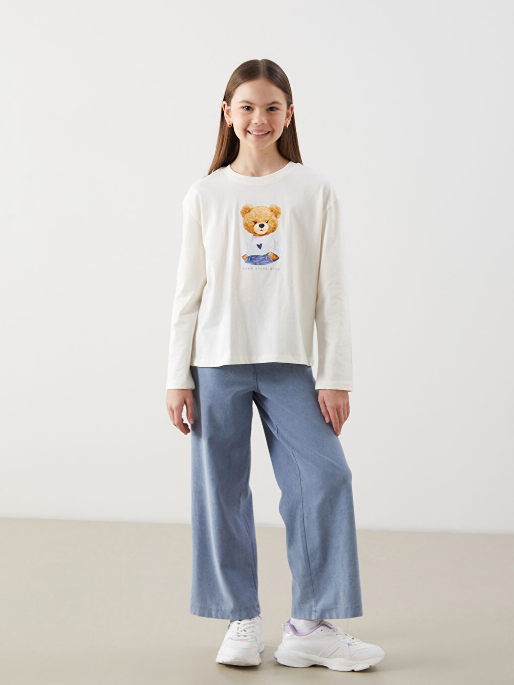 Crew Neck Teddy Bear Printed Girls' T-Shirt -S5KM55Z4-FDU