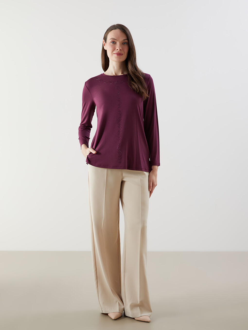 Crew Neck Stone Printed Women's Blouse -S5KN42Z8-HNN