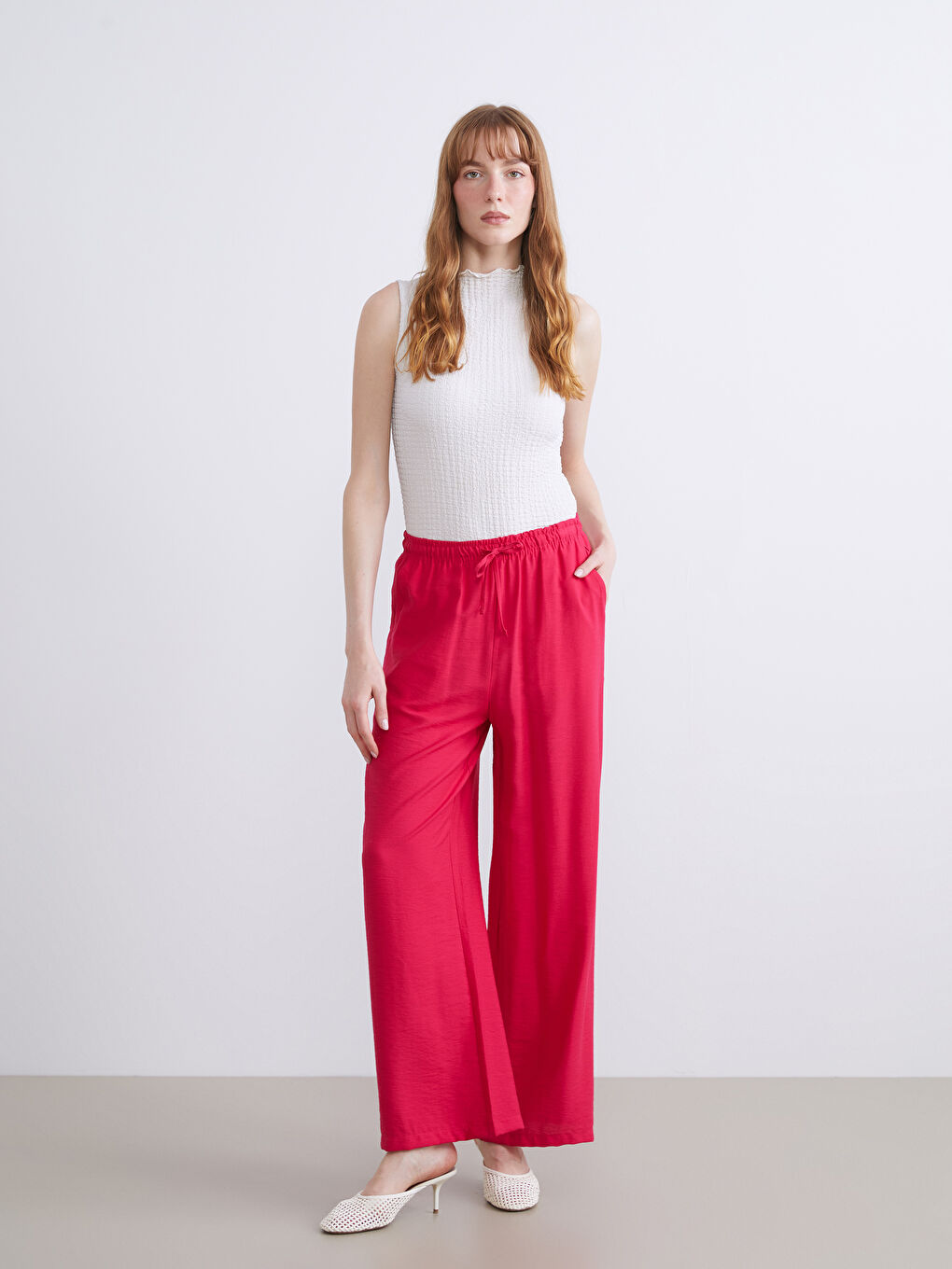 Fuşya Beli Lastikli Keten Görünümlü Kadın Pantolon