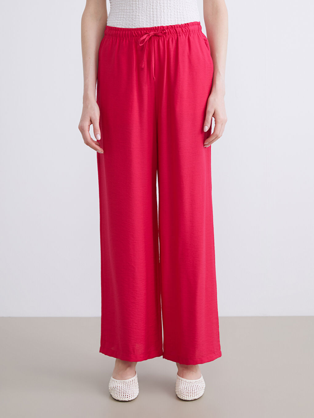 Fuşya Beli Lastikli Keten Görünümlü Kadın Pantolon-1