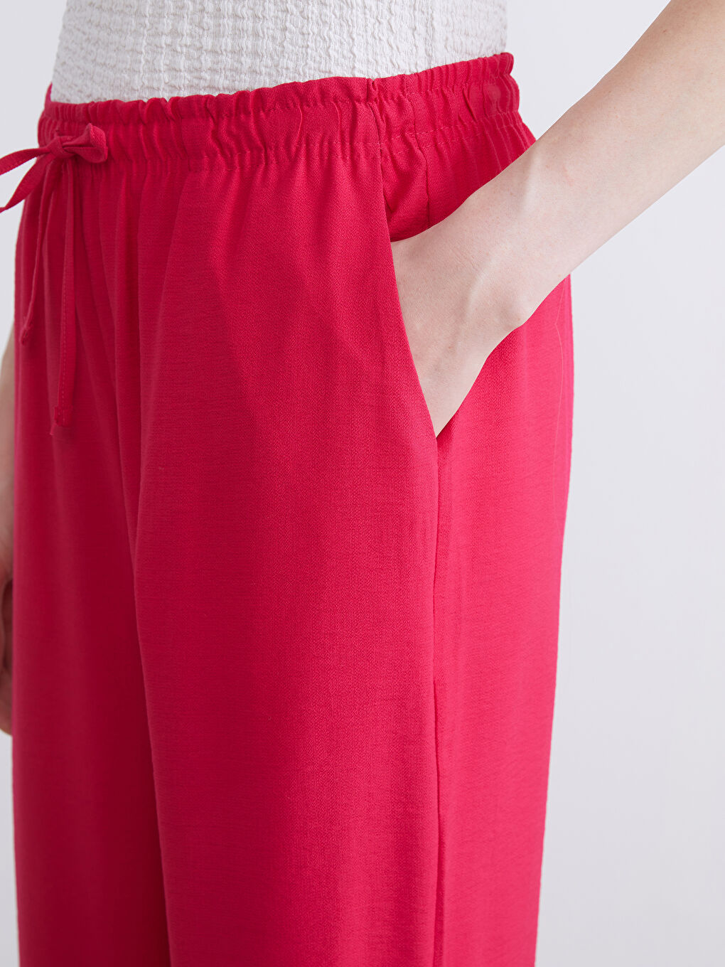 Fuşya Beli Lastikli Keten Görünümlü Kadın Pantolon-2