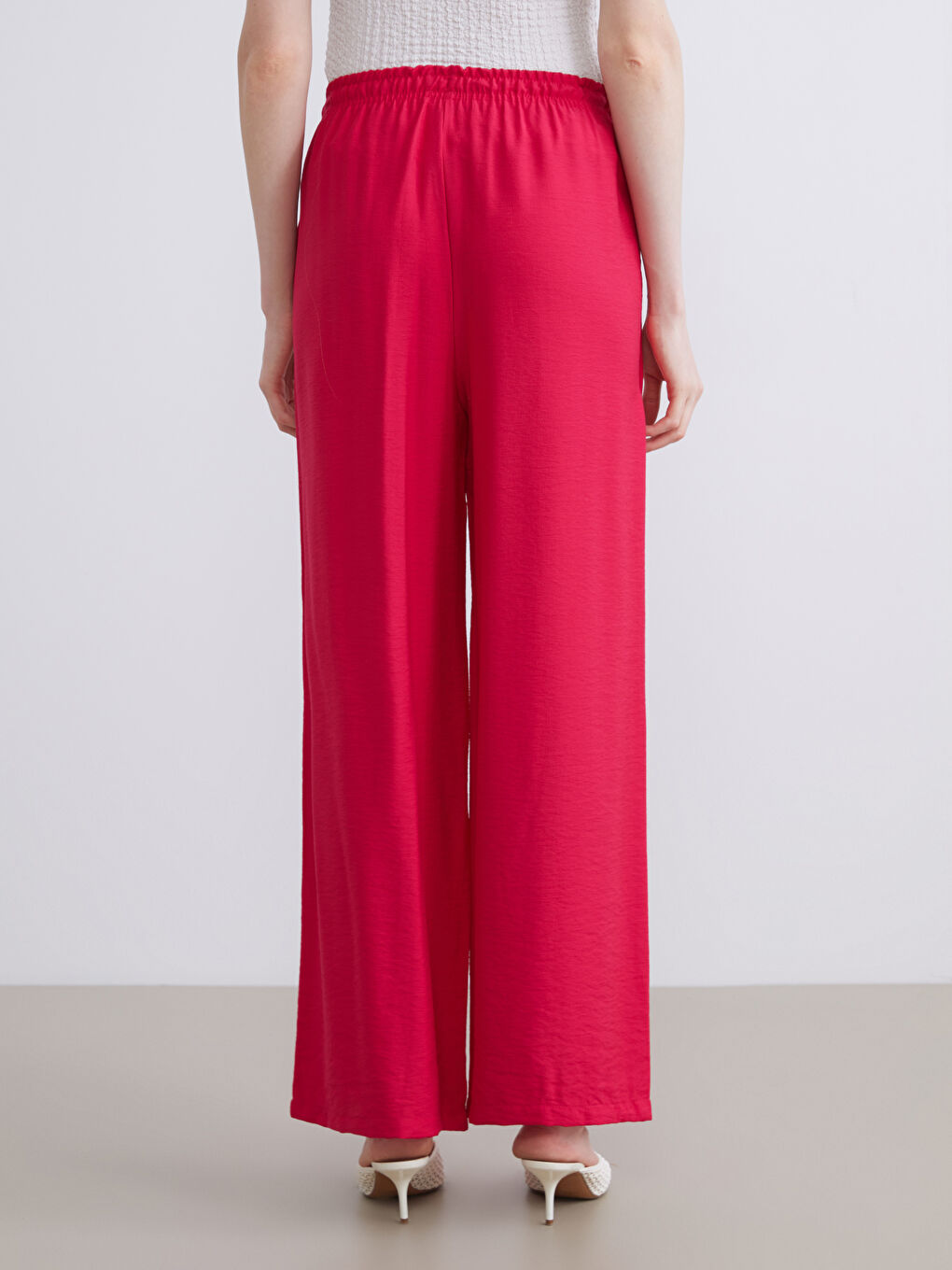 Fuşya Beli Lastikli Keten Görünümlü Kadın Pantolon-3