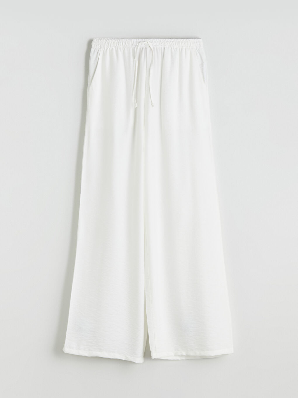 Beyaz Beli Lastikli Keten Görünümlü Kadın Pantolon-4