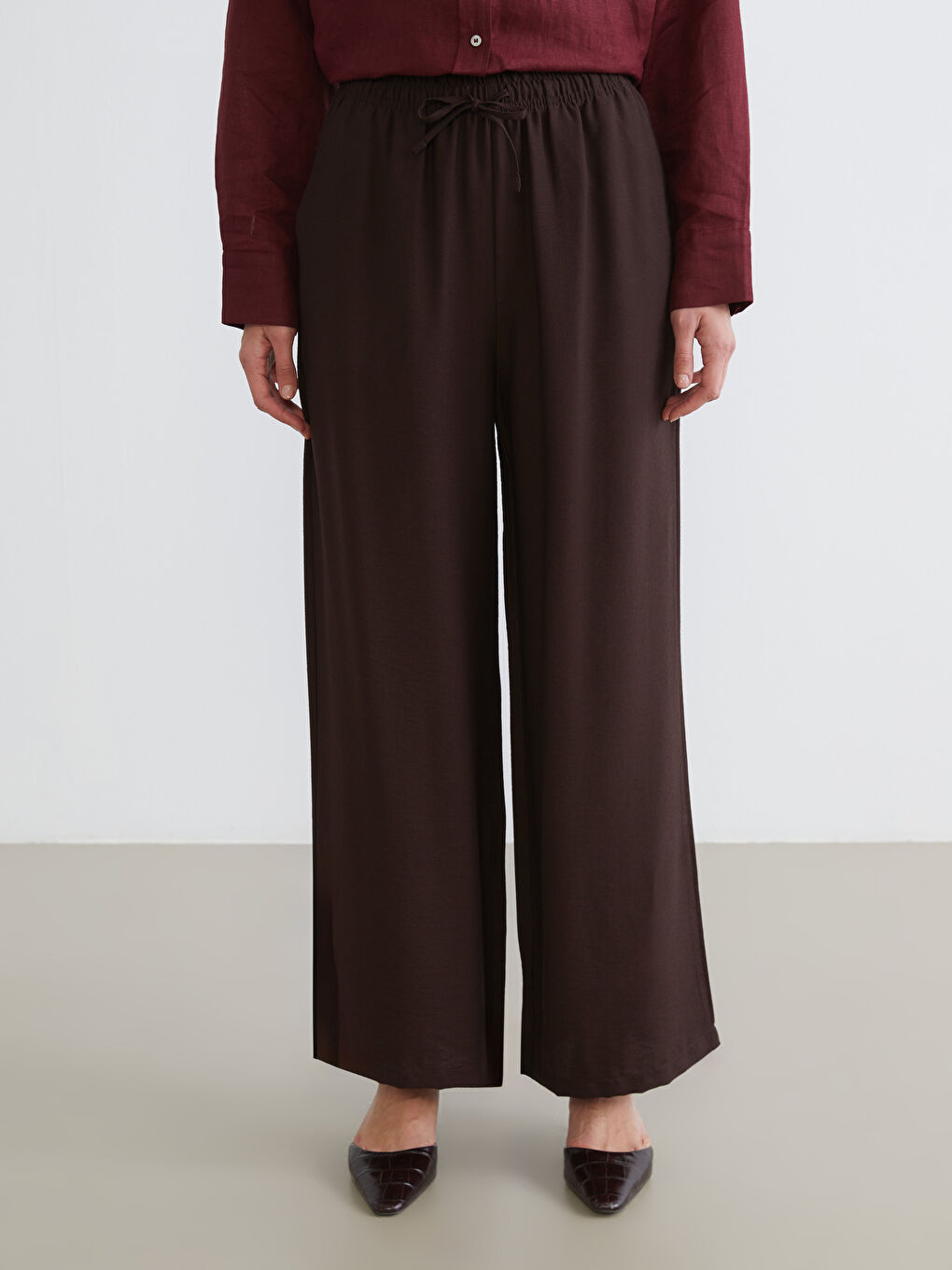 Kahverengi Beli Lastikli Keten Görünümlü Kadın Pantolon-1