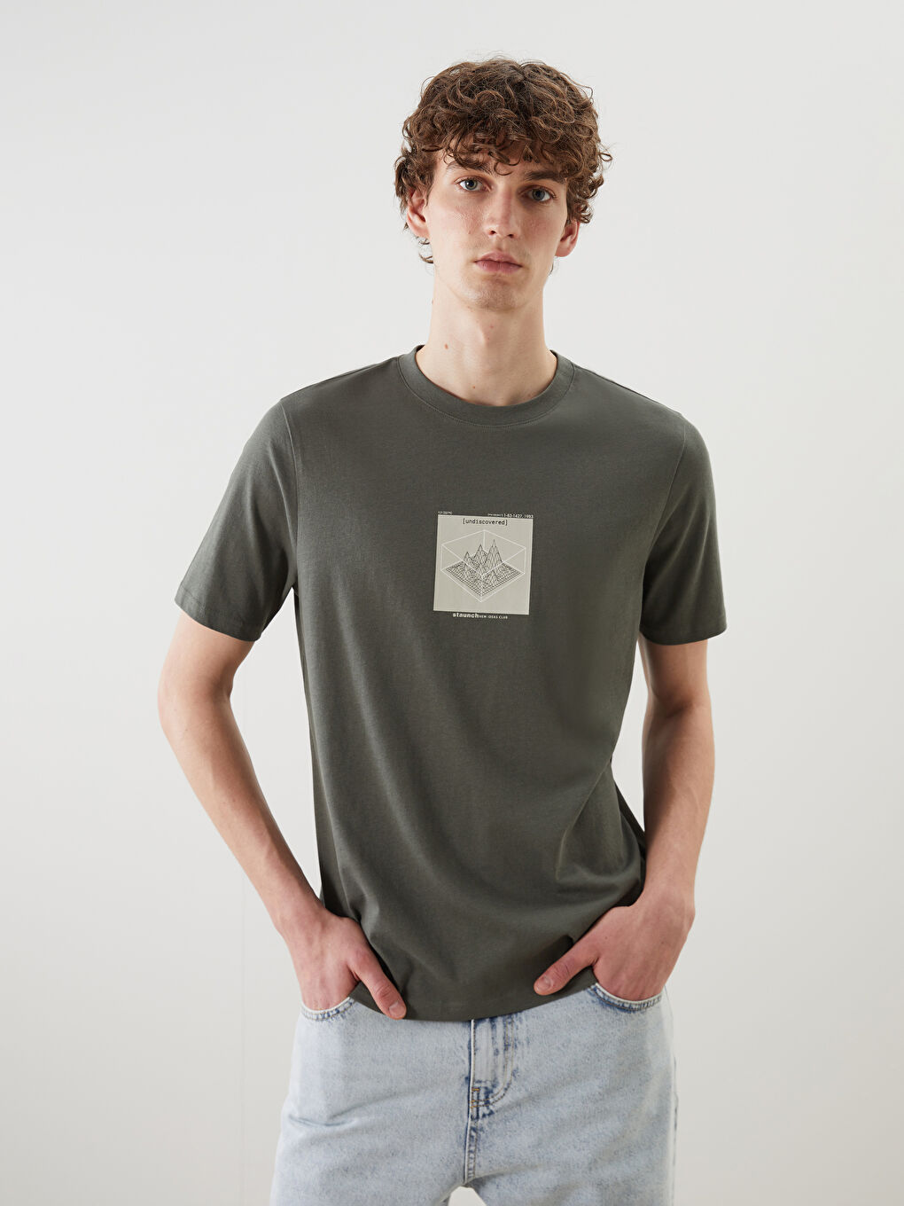 Haki Bisiklet Yaka Baskılı Penye Erkek Tişört