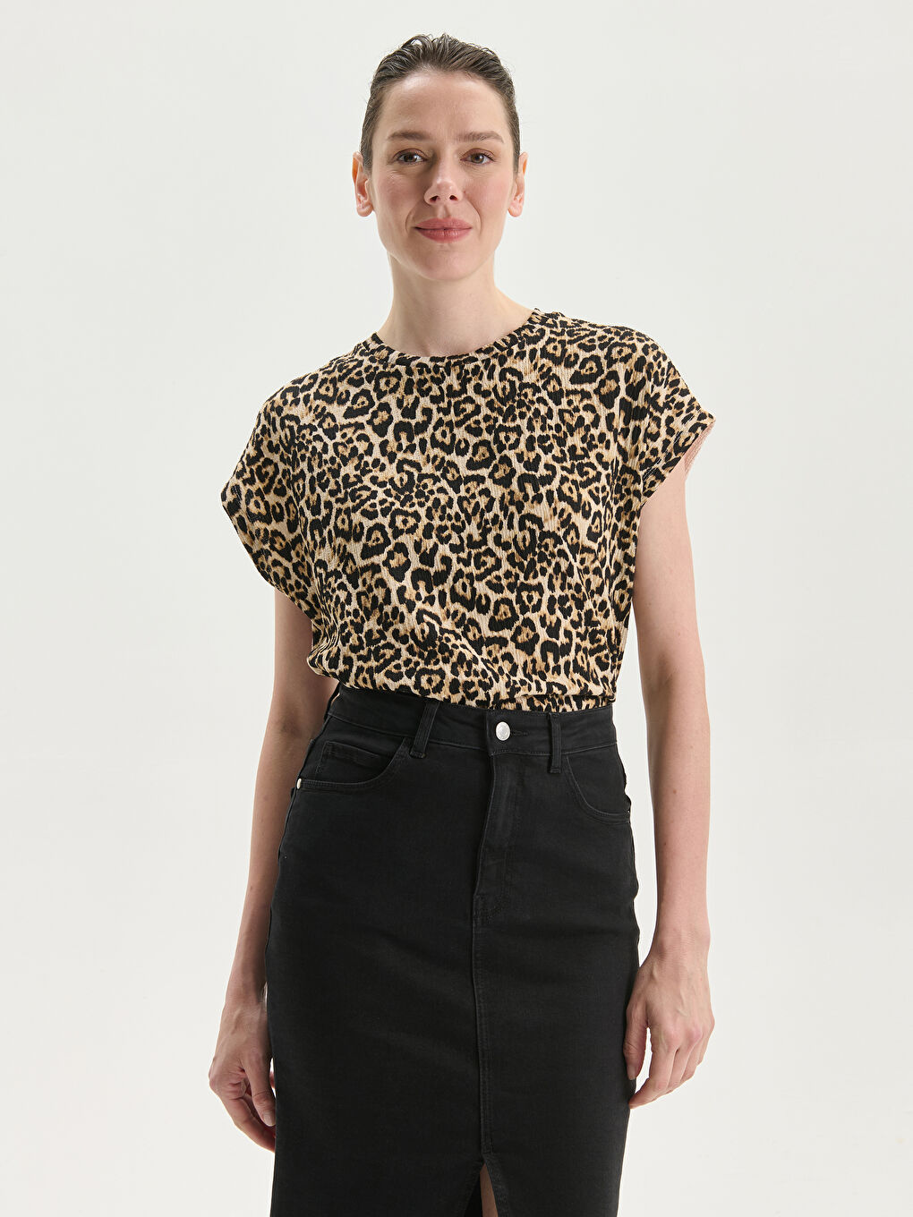 Crew Neck Leopard Print Women's T-Shirt -S5KP11Z8-LQY