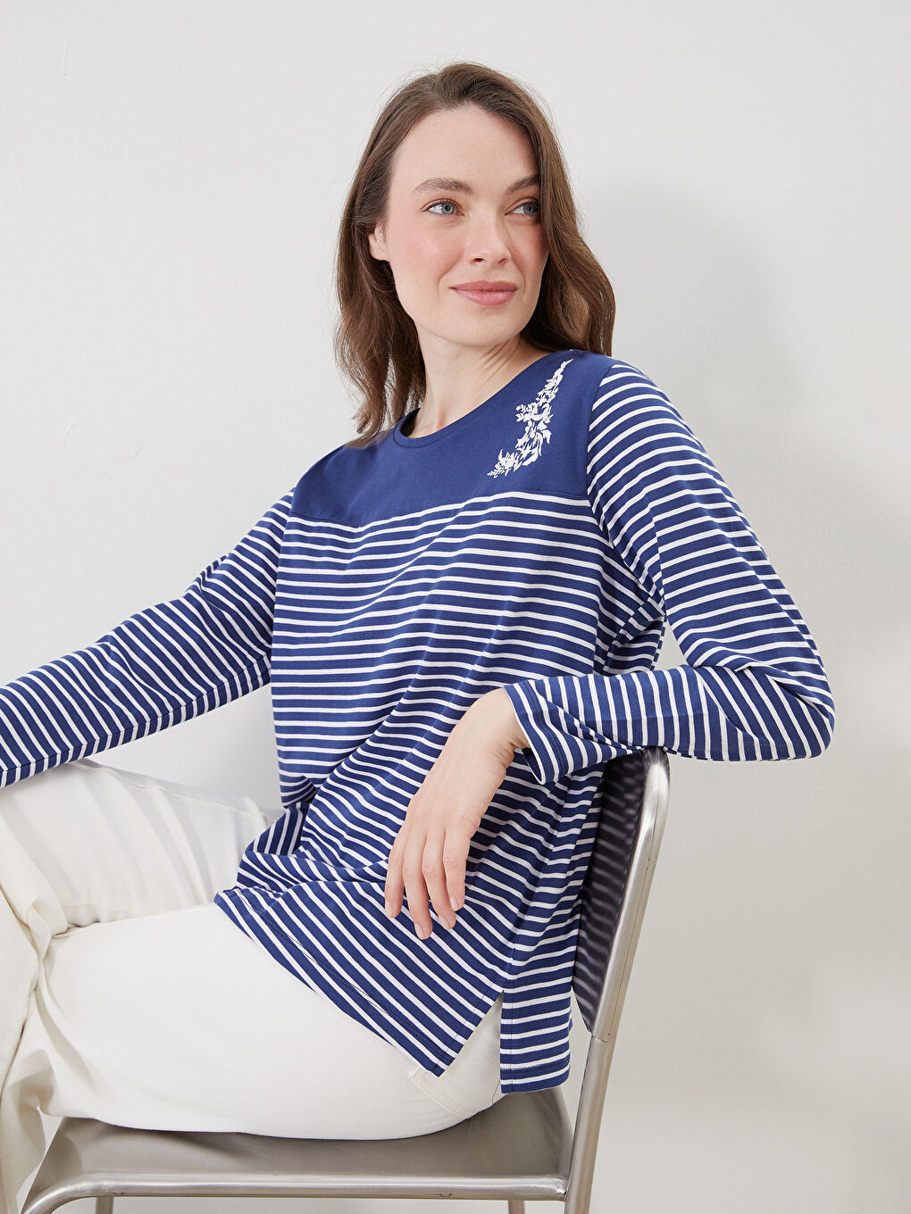 Crew Neck Striped Blouse