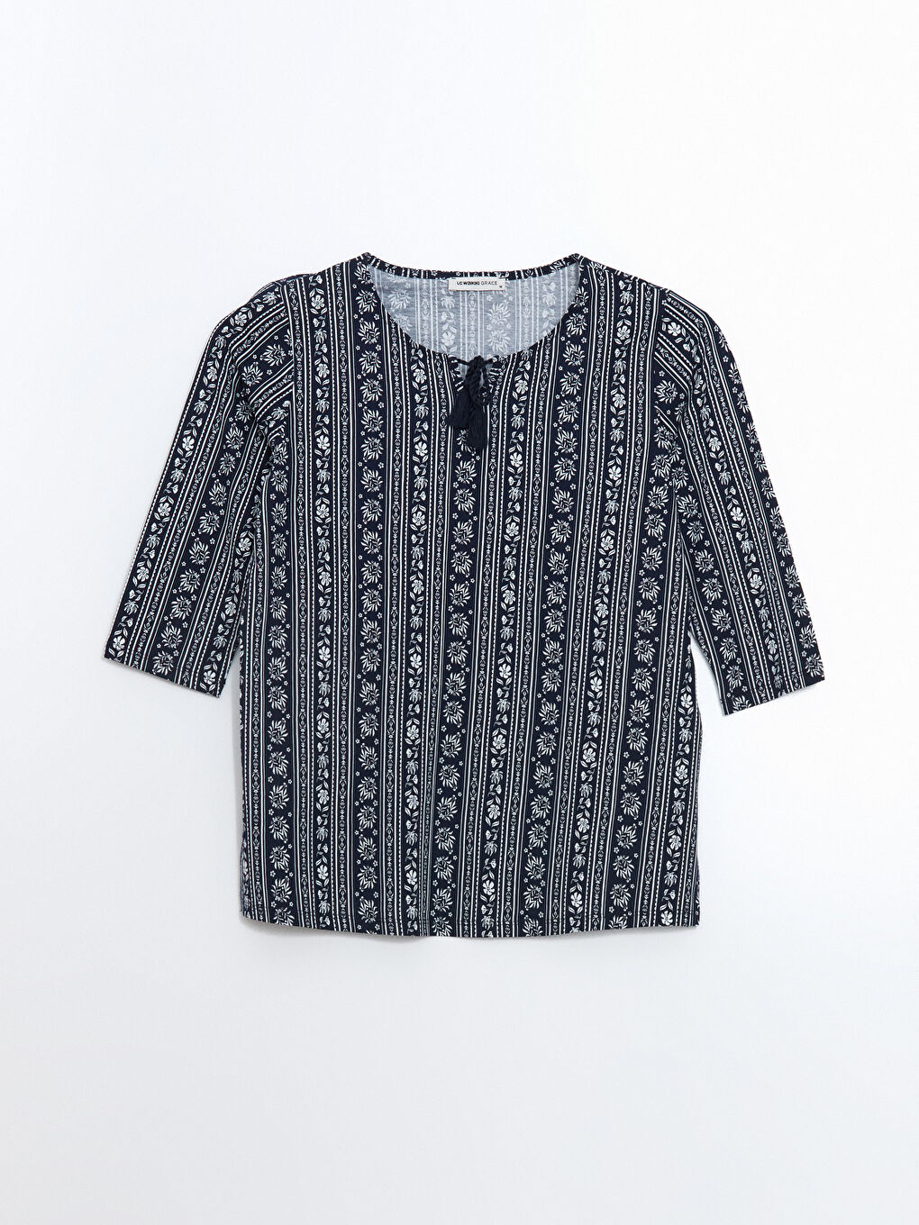 Lacivert Bağlamalı Yaka Desenli Kadın Bluz-4