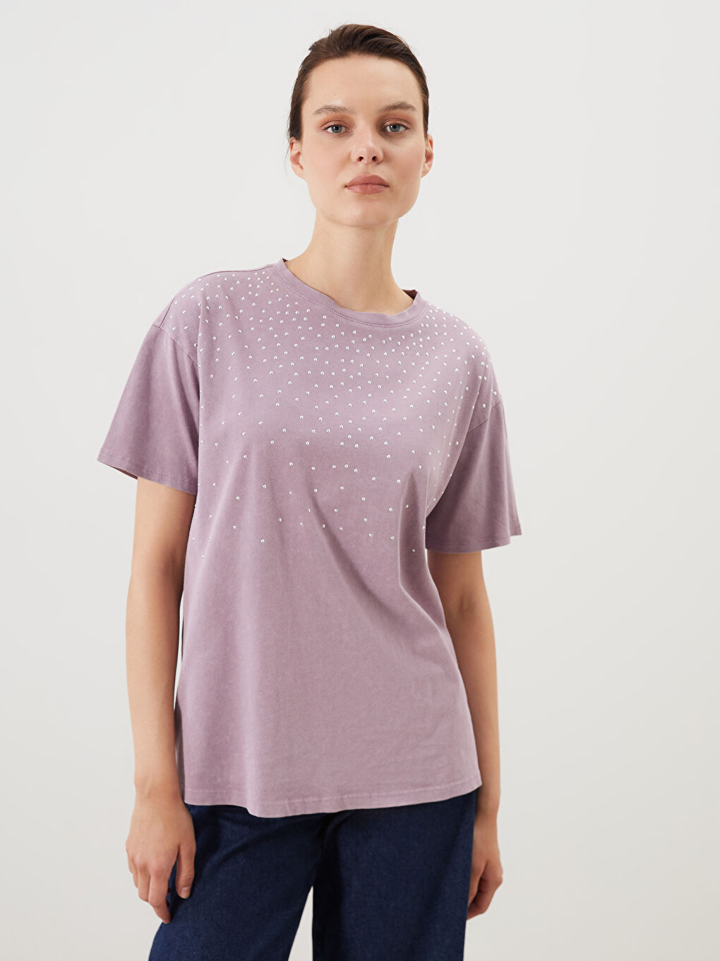 Crew Neck Rhinestone Embellished Women's Blouse -S5KP49Z8-GX4