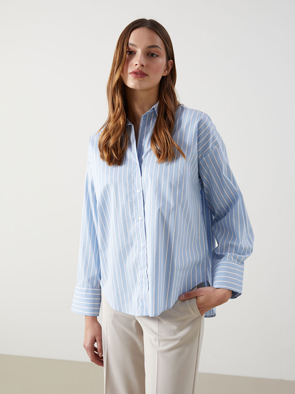 Mavi Çizgili Oversize Kadın Gömlek