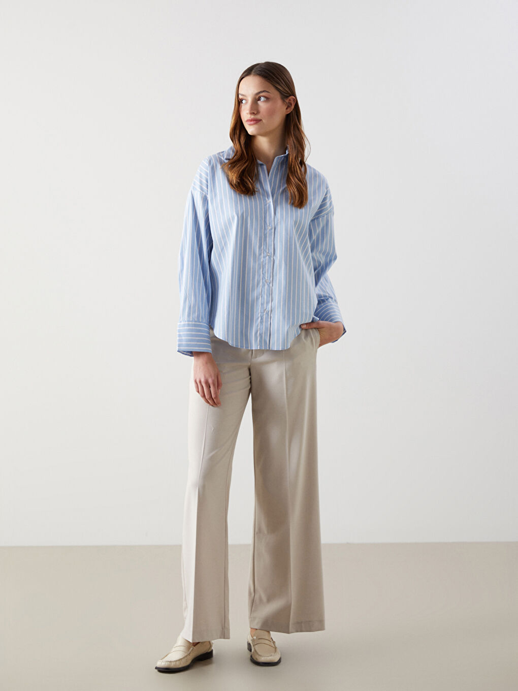 Mavi Çizgili Oversize Kadın Gömlek-1