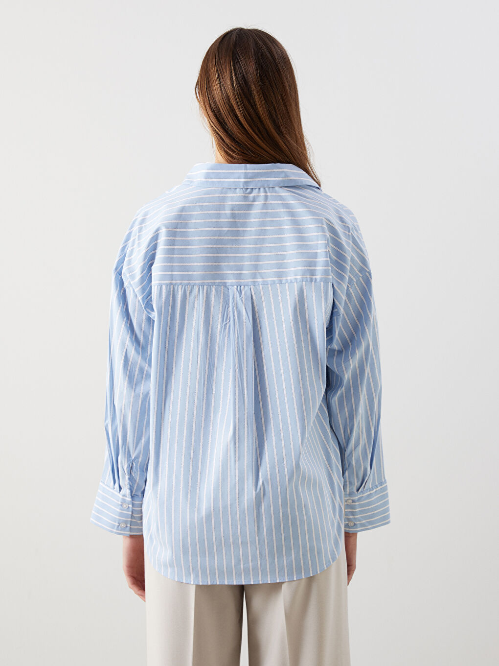 Mavi Çizgili Oversize Kadın Gömlek-3